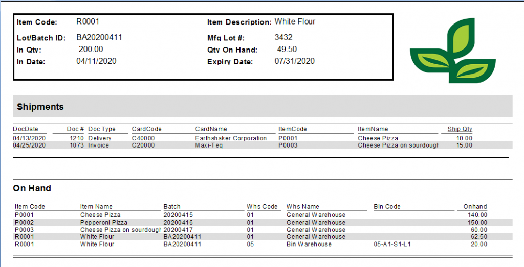 Batch traceability invoices and on hand